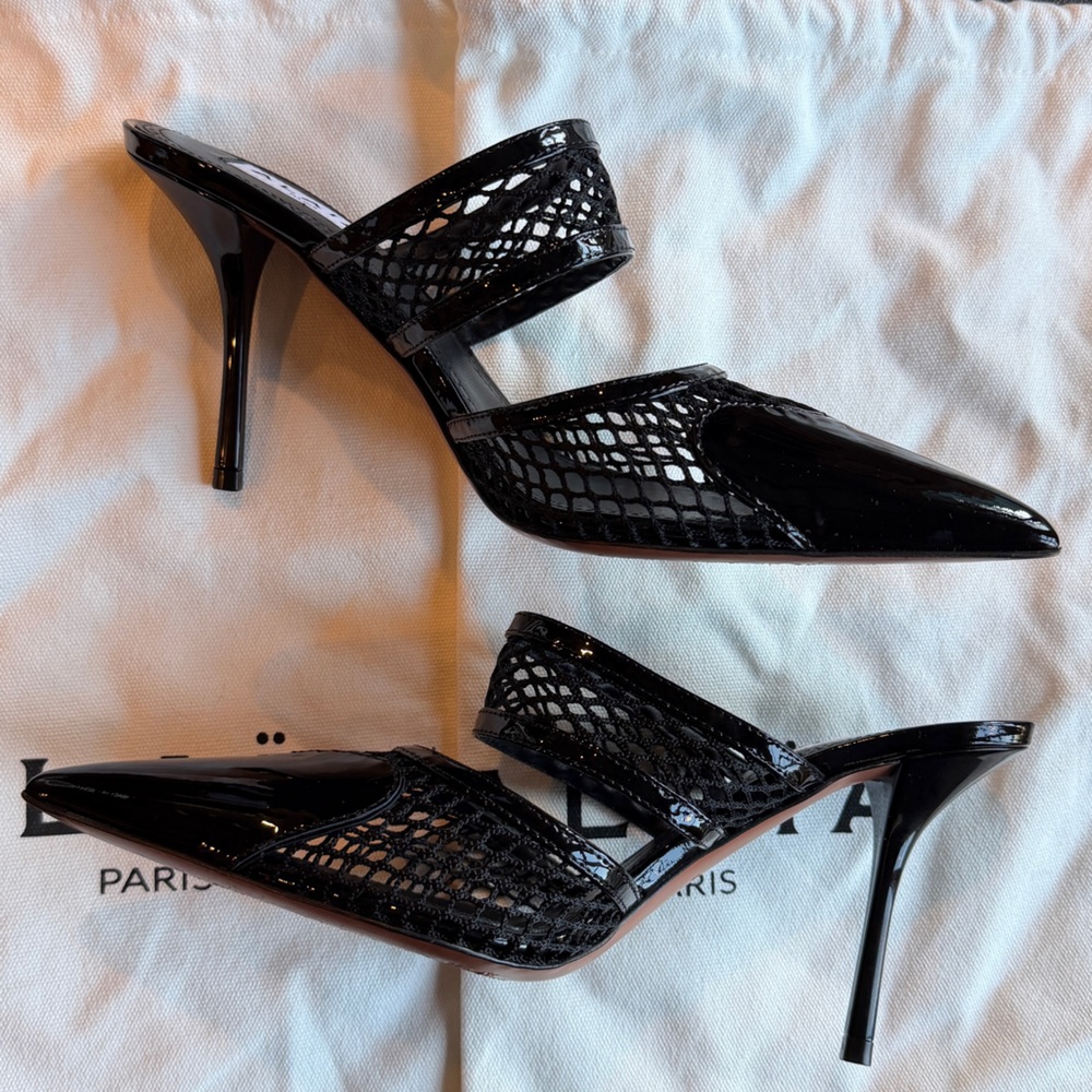 🖤Alaia🖤Le Coeur 90MM Patent Leather & Mesh Mules - Picture 7 of 11